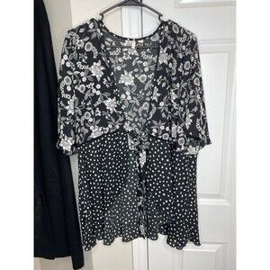 Cato Boho Black Floral Polka Dot Tie Front Blouse Top 14 /16